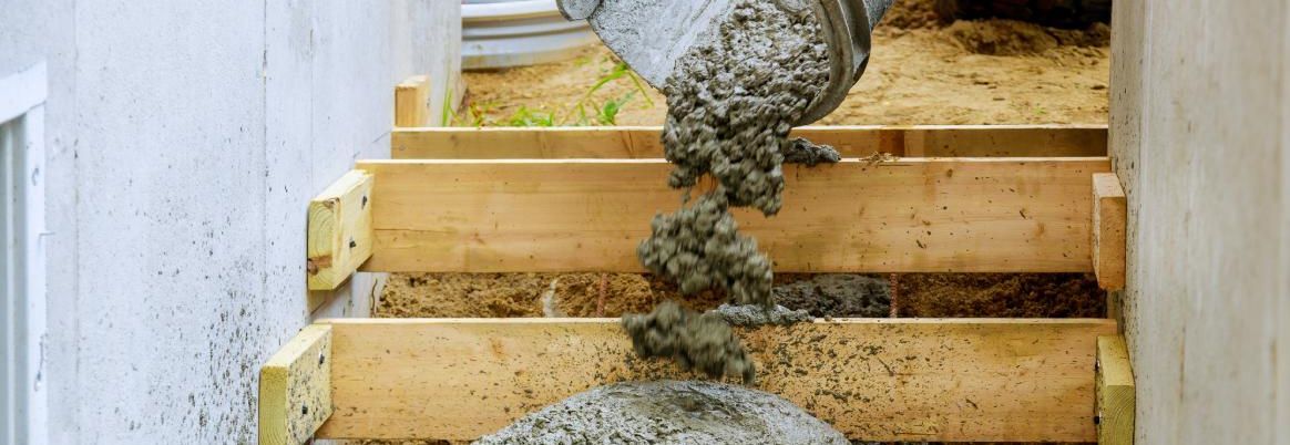 Beton wird aus einer Schütte in eine Holzschalung für eine Treppe gegossen.